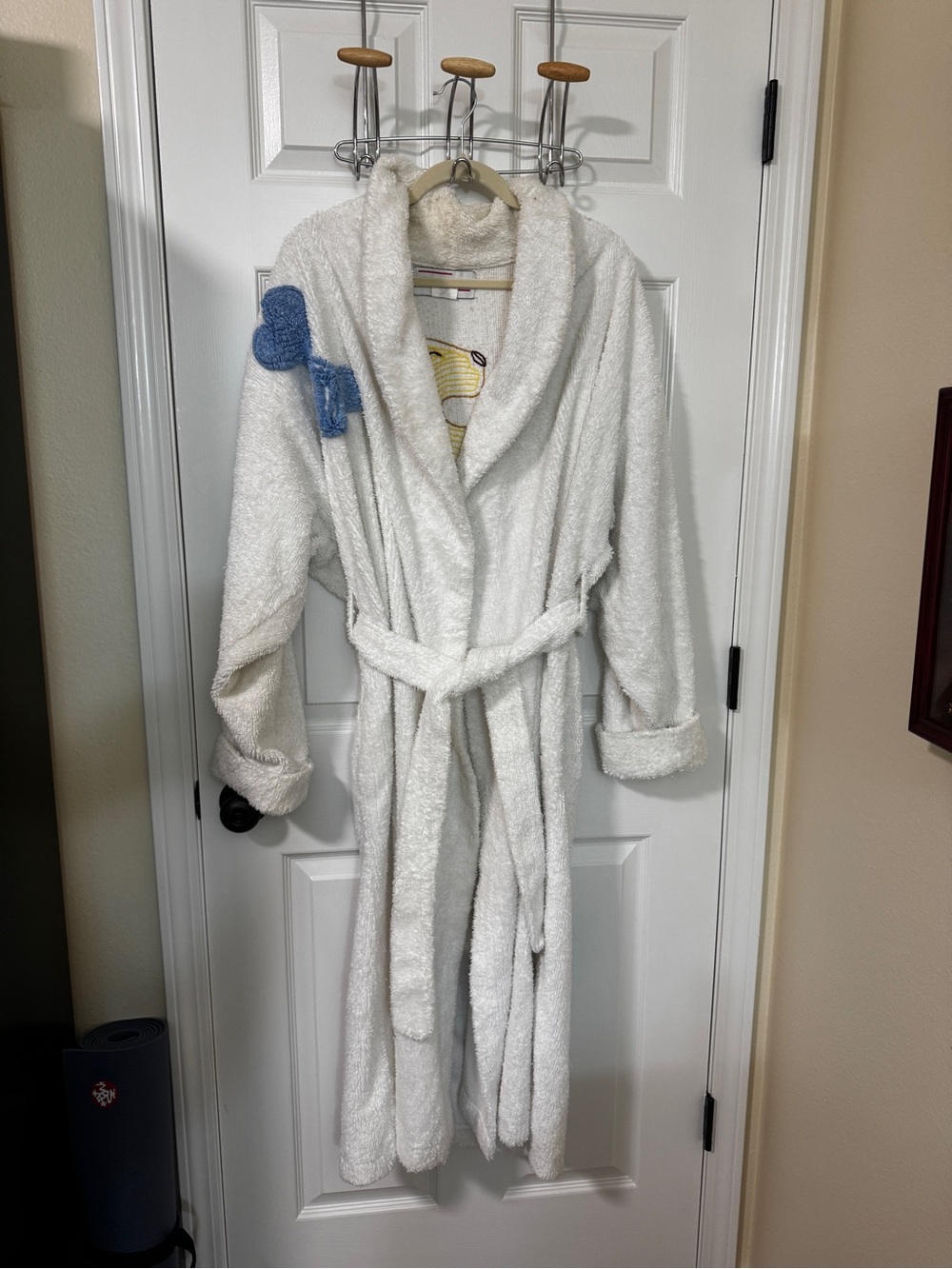 Plush White Bathrobe with Yellow Dog and Blue Bone Designs